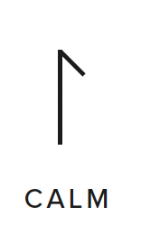 A minimalist design with the word 'CALM' and a simple abstract black line resembling a downward arrow or brushstroke