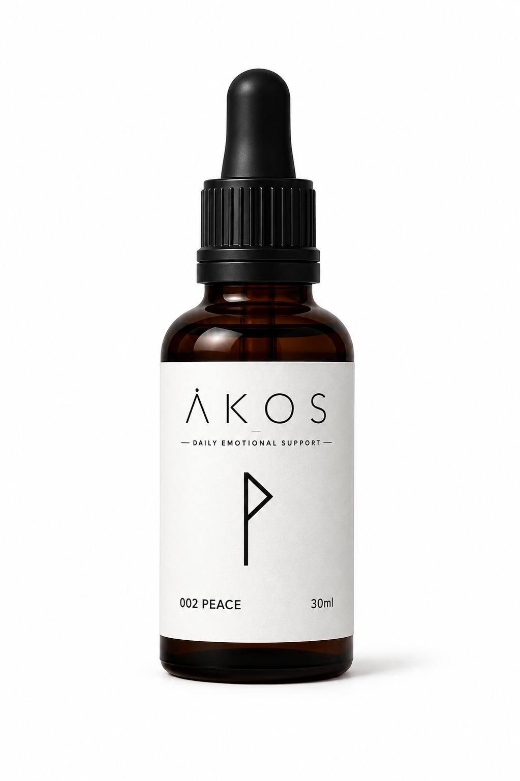 A brown glass dropper bottle with a black cap and a white label that reads 'ÅKOS Daily Emotional Support 002 PEACE 30ml' against a white background.