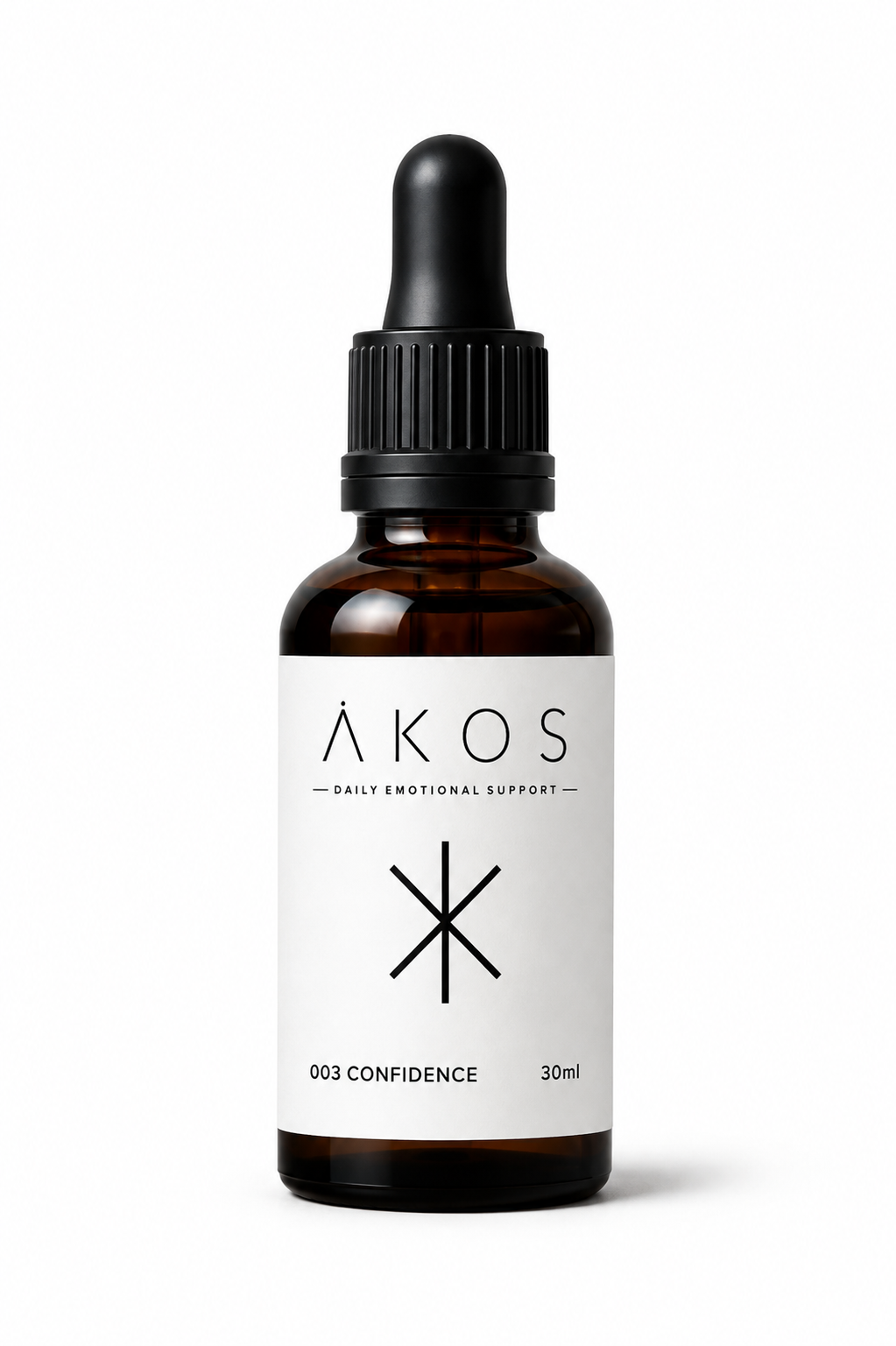 A small amber glass bottle with a black dropper cap, labeled ÅKOS Daily Emotional Support, Confidence, 30ml.
