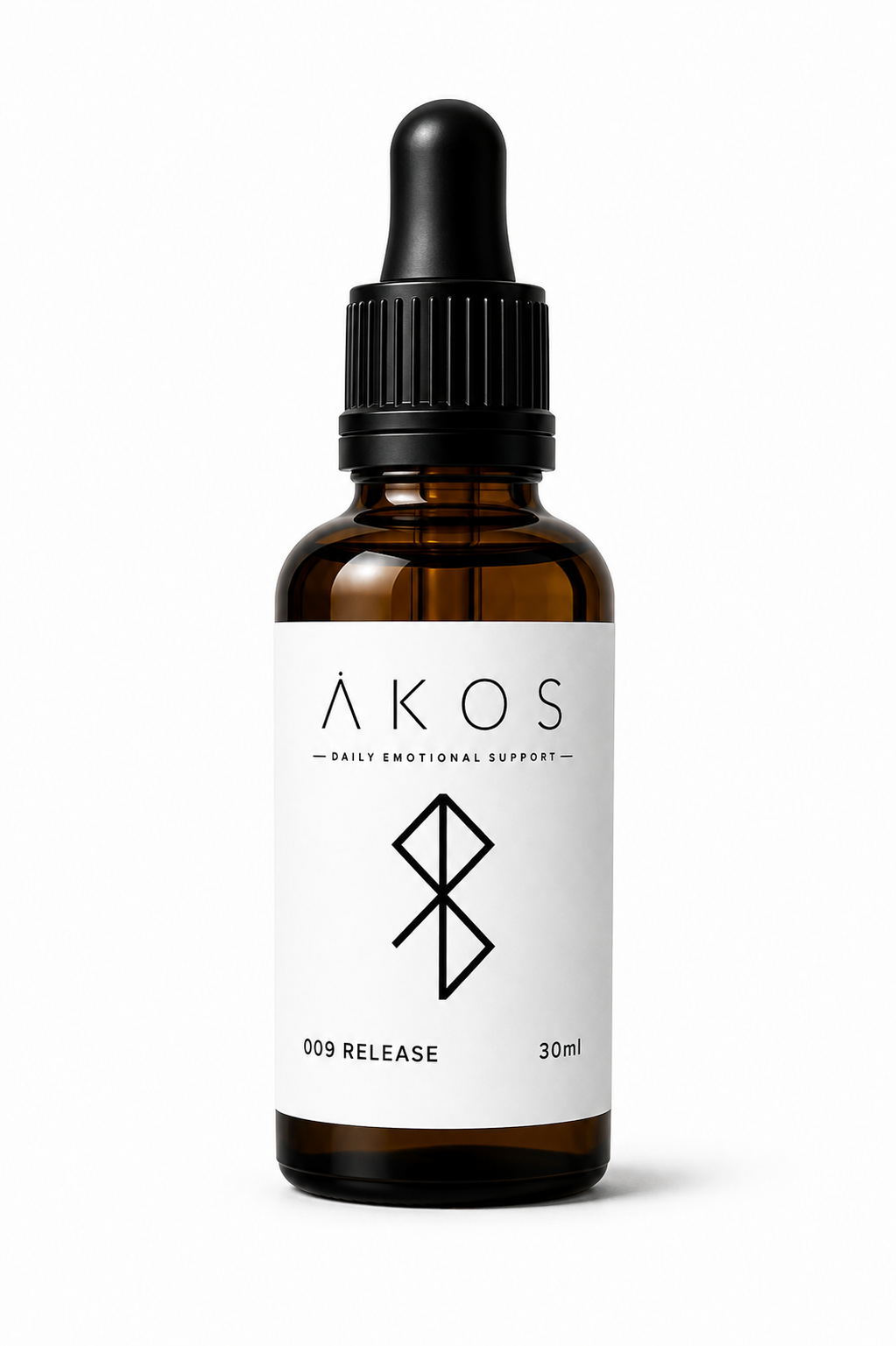 Brown glass dropper bottle labeled 'ÅKOS Daily Emotional Support' with a minimalist black symbol and text indicating 30ml capacity and '009 Release' variant.