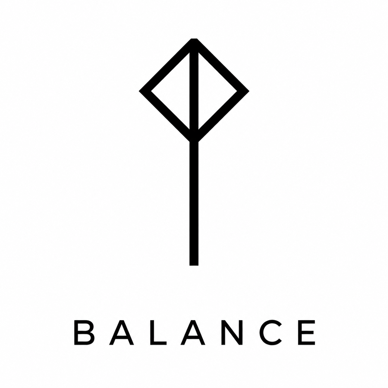 A minimalist black logo featuring a vertical line intersected by a diamond shape at the top, with the word 'BALANCE' written underneath in capital letters.