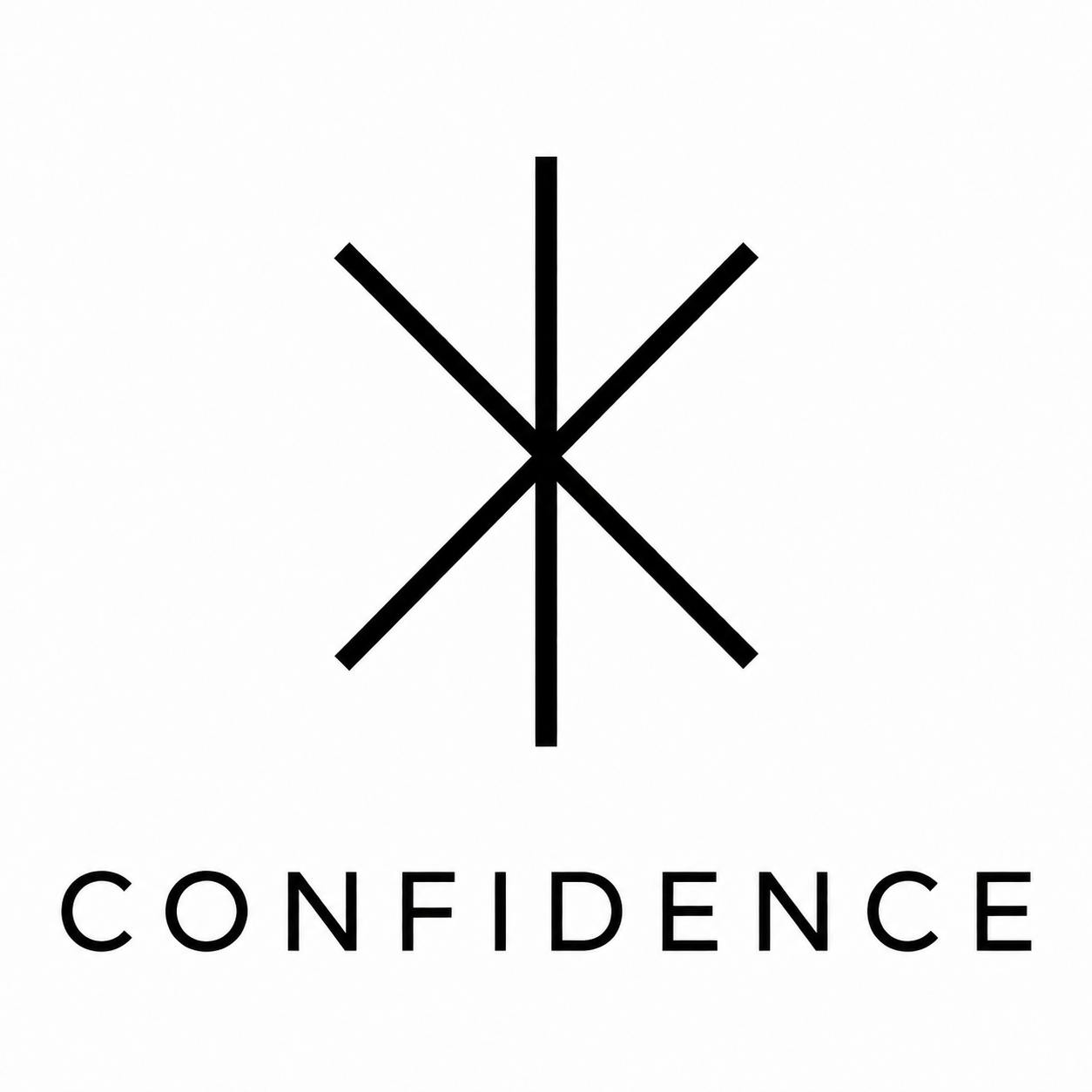 A minimalist logo with an abstract black symbol above the word "CONFIDENCE" in uppercase letters.