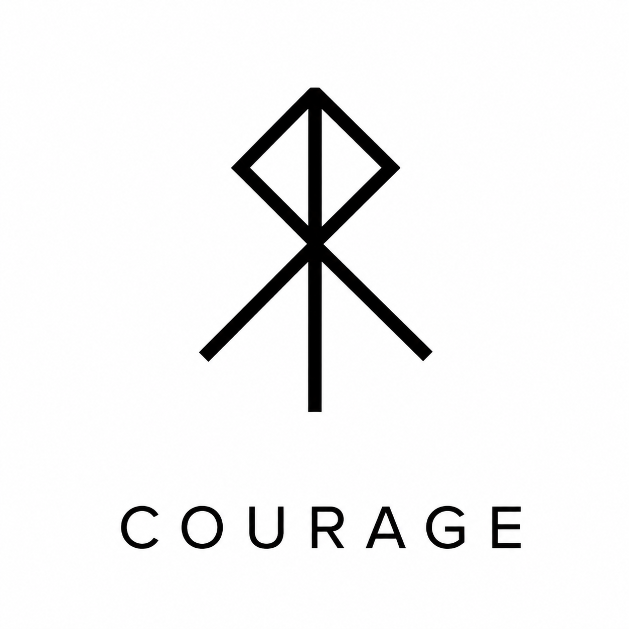 A black symbol resembling a tree and a diamond with the word 'COURAGE' underneath.