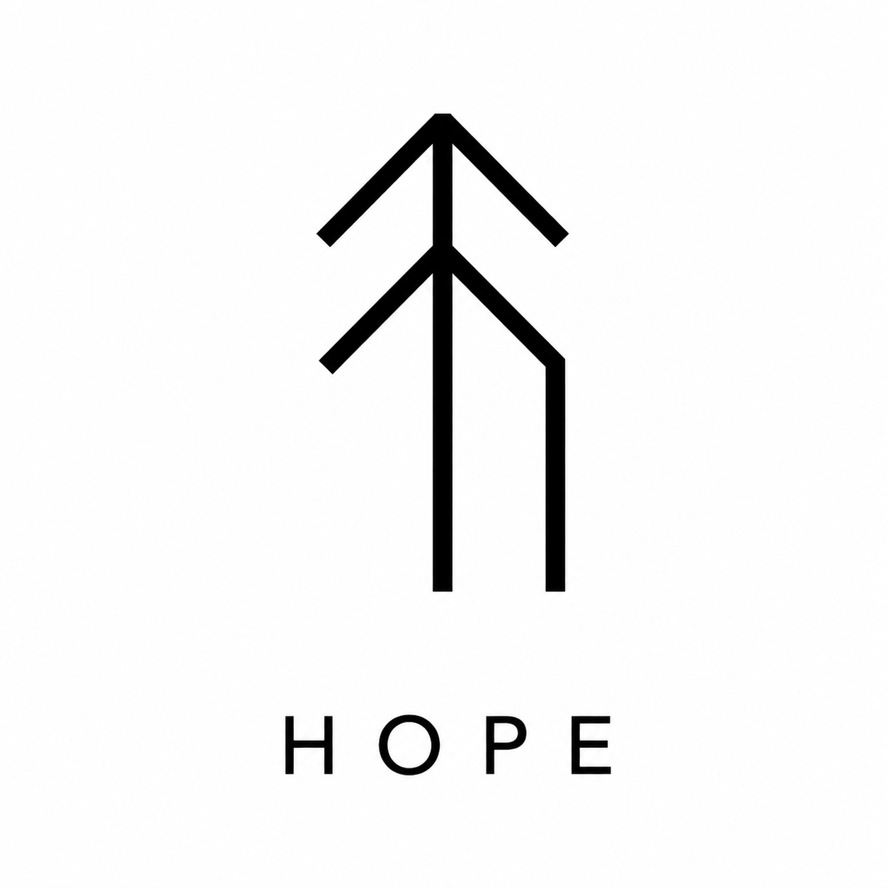 A minimalist black and white design with the word 'HOPE' beneath a stylized arrow symbol.