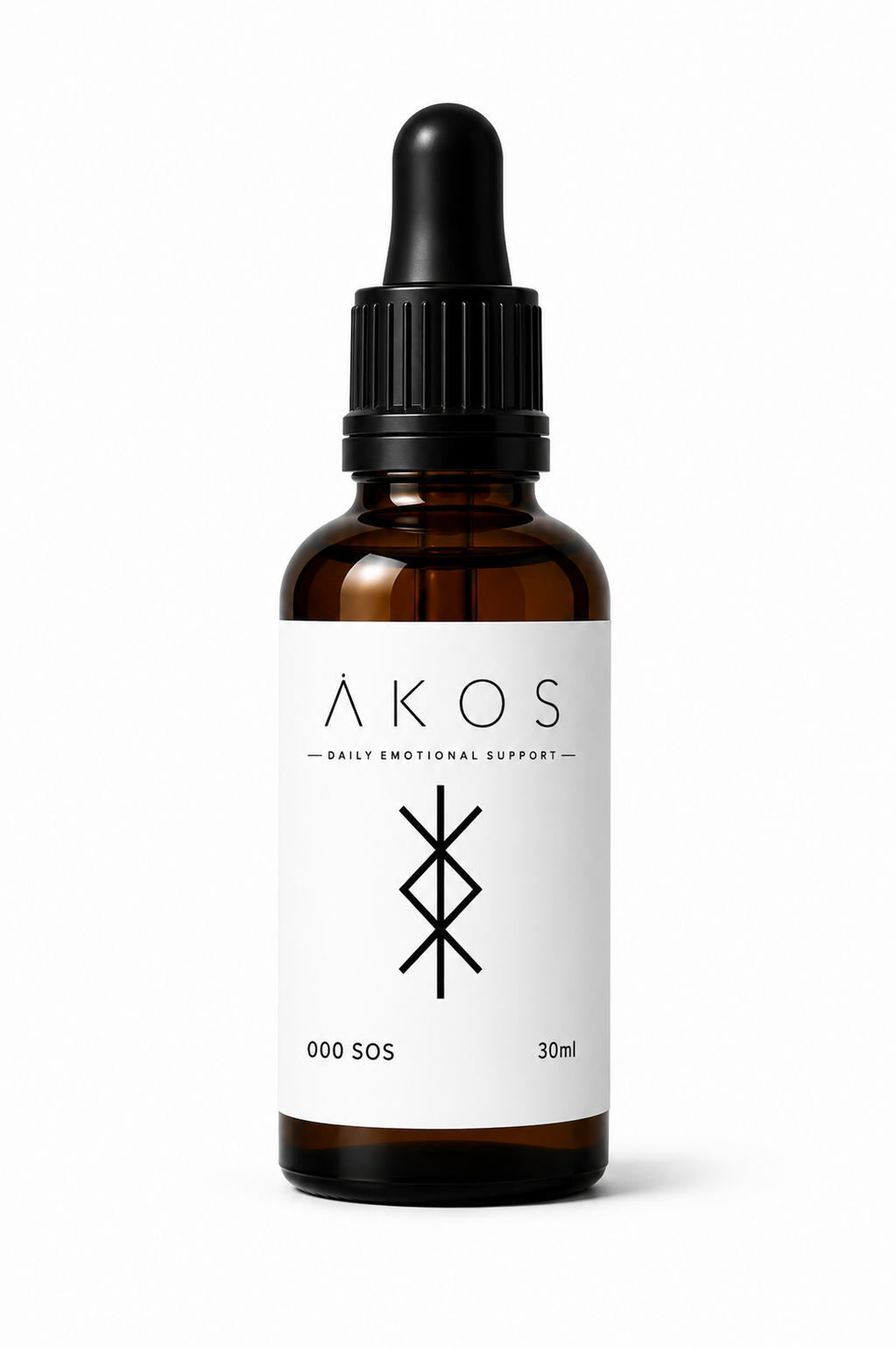 A brown glass bottle with a black dropper cap and a white label that reads 'ÅKOS Daily Emotional Support' and '000 SOS 30ml'
