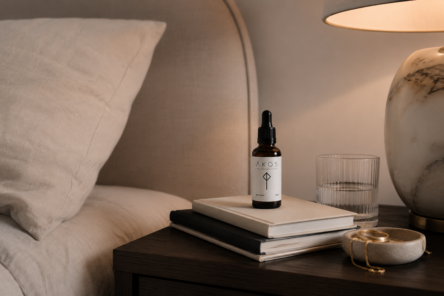 AKOS Daily Emotional Support Drops, 001 Calm Remedy on Bedside Table