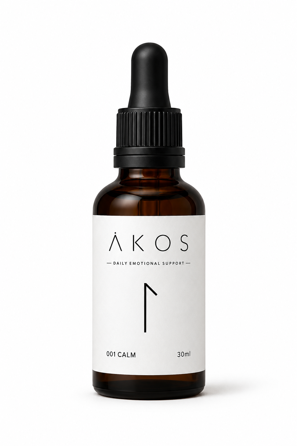A brown glass dropper bottle labeled 'ÅKOS,' with a black cap and dropper tip, featuring a minimalist white label that reads 'Daily Emotional Support,' '001 CALM,' and '30ml'.