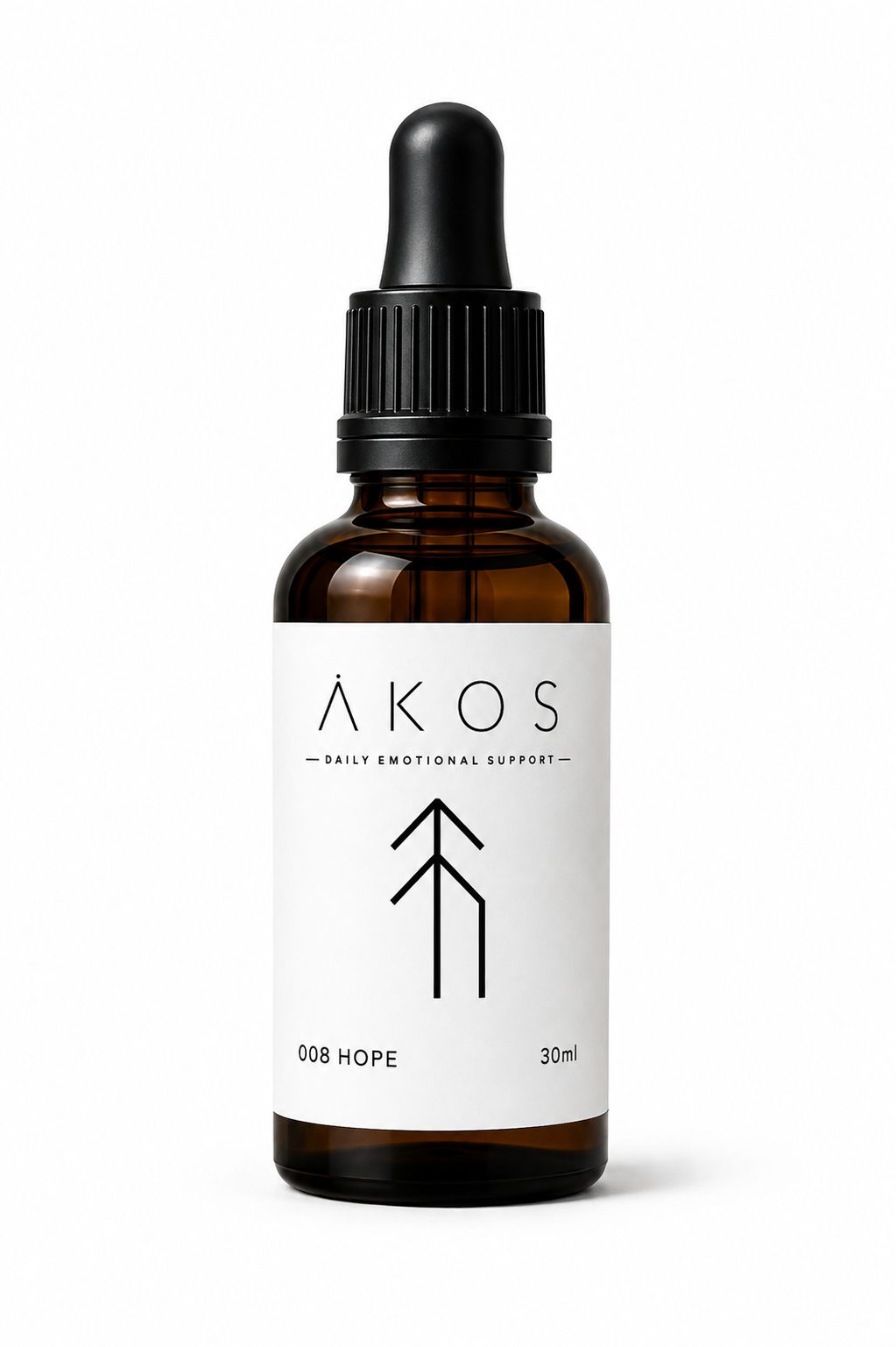 A small brown glass dropper bottle with a black cap, labeled 'ÅKOS Daily Emotional Support, 008 HOPE, 30ml'.