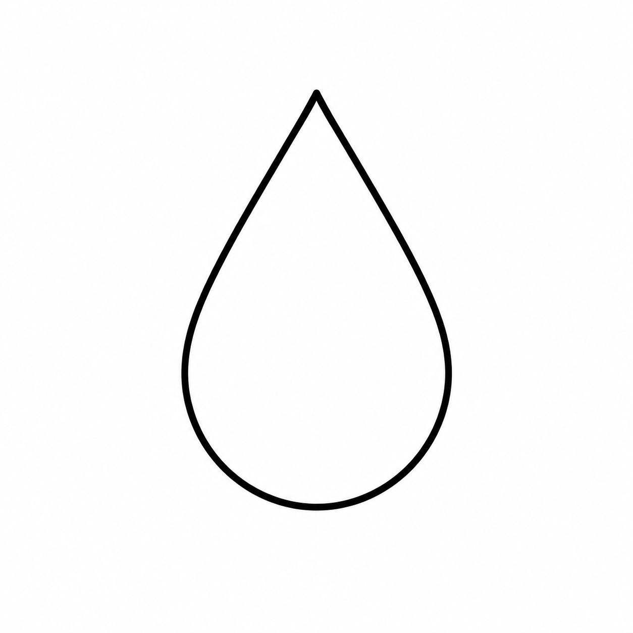 Outline of a water droplet with a pointed tip at the top and a rounded bottom.