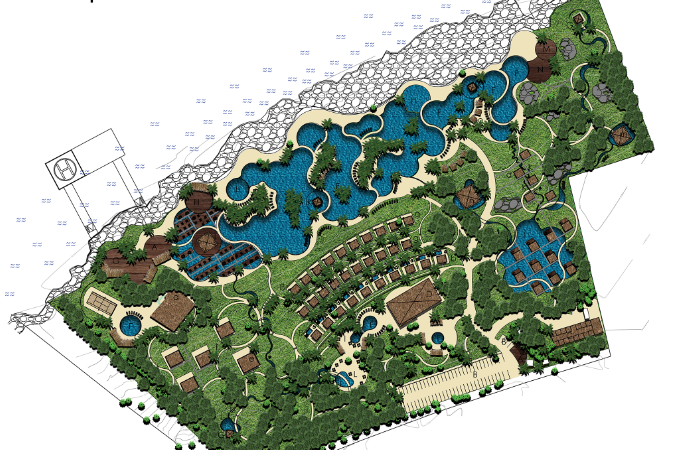 A detailed landscape plan of a resort or park featuring multiple pools, green spaces, pathways, buildings, and recreational areas near a shoreline.