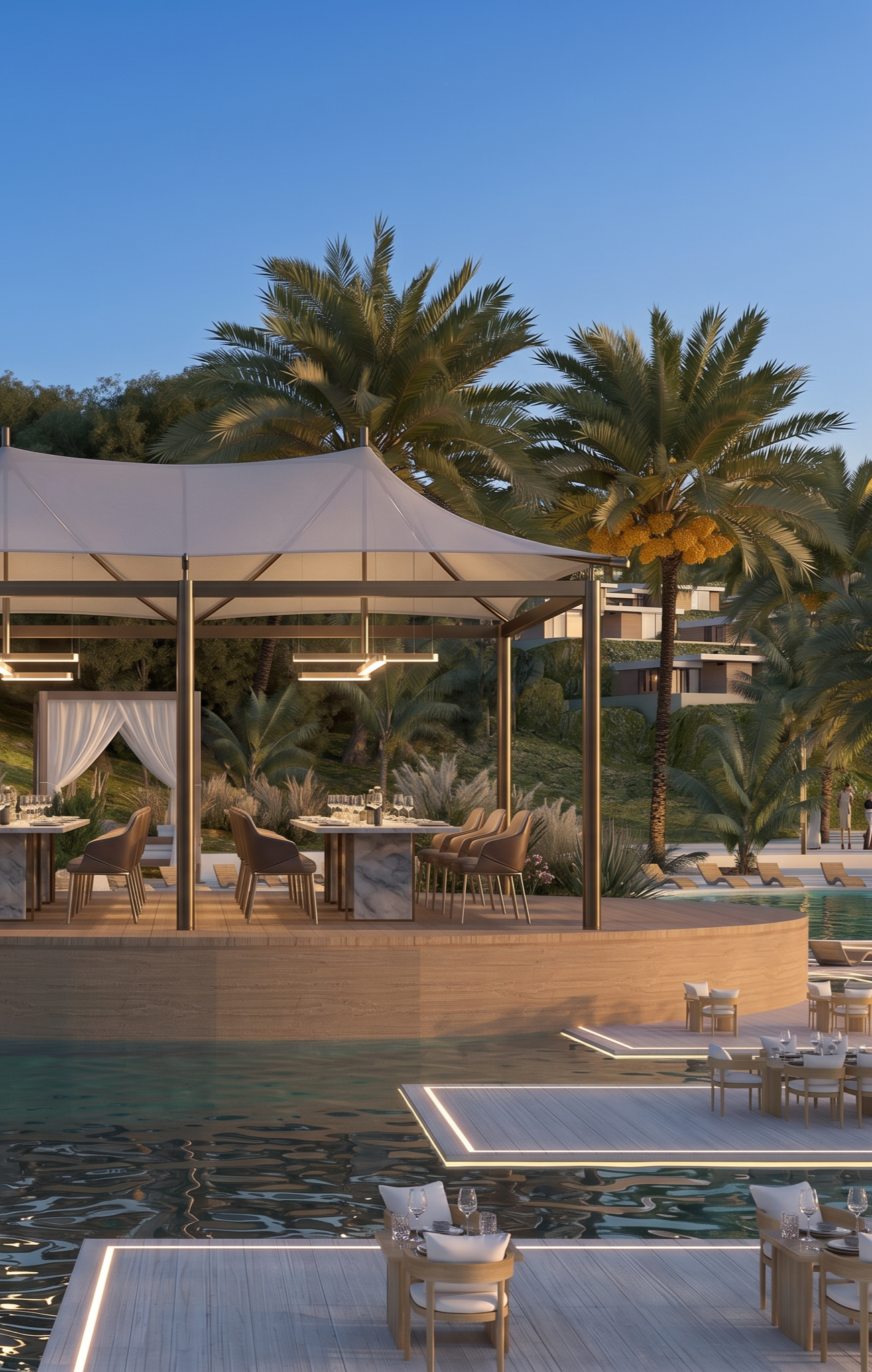 Luxury outdoor restaurant with white tables and chairs by the water, shaded by a white canopy, with palm trees and modern buildings in the background under a clear blue sky.