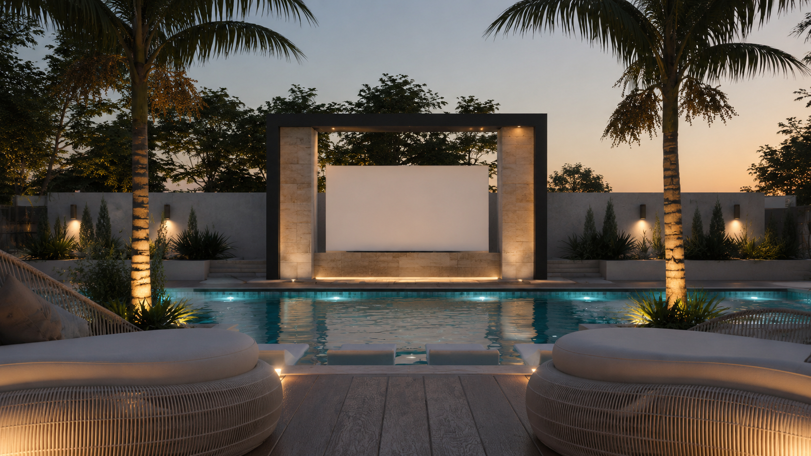 A luxurious backyard pool area at sunset with modern outdoor furniture, palm trees, and integrated lighting.