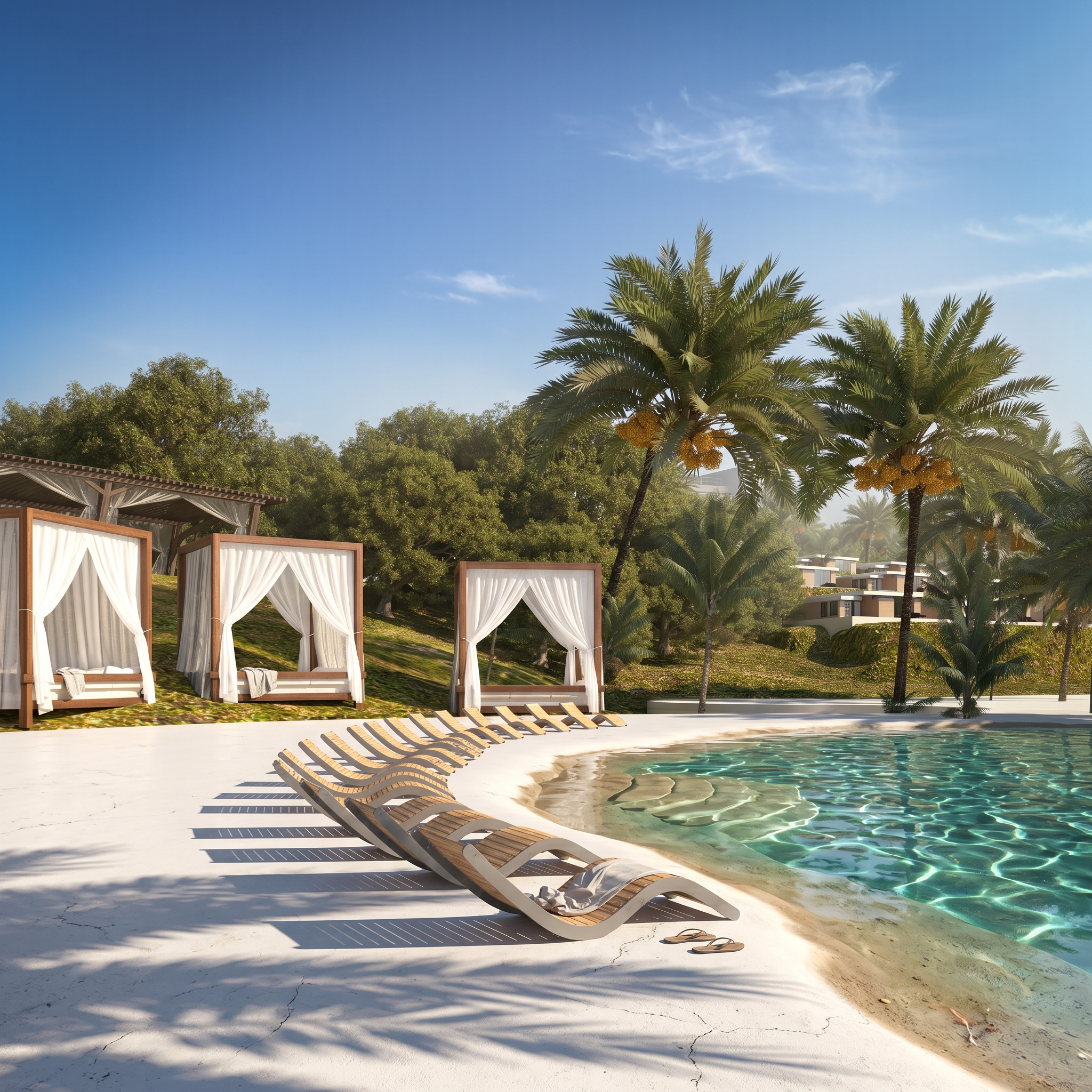 Beach scene with lounge chairs, cabanas with white curtains, palm trees, and a swimming pool under a clear blue sky.