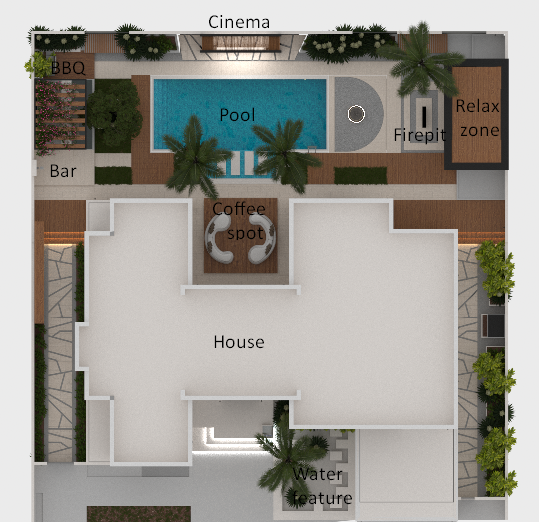 A top-down view of a backyard layout with a house in the center, a swimming pool with palm trees, a cinema, BBQ, bar, and relaxation zone, plus a water feature and a coffee spot.