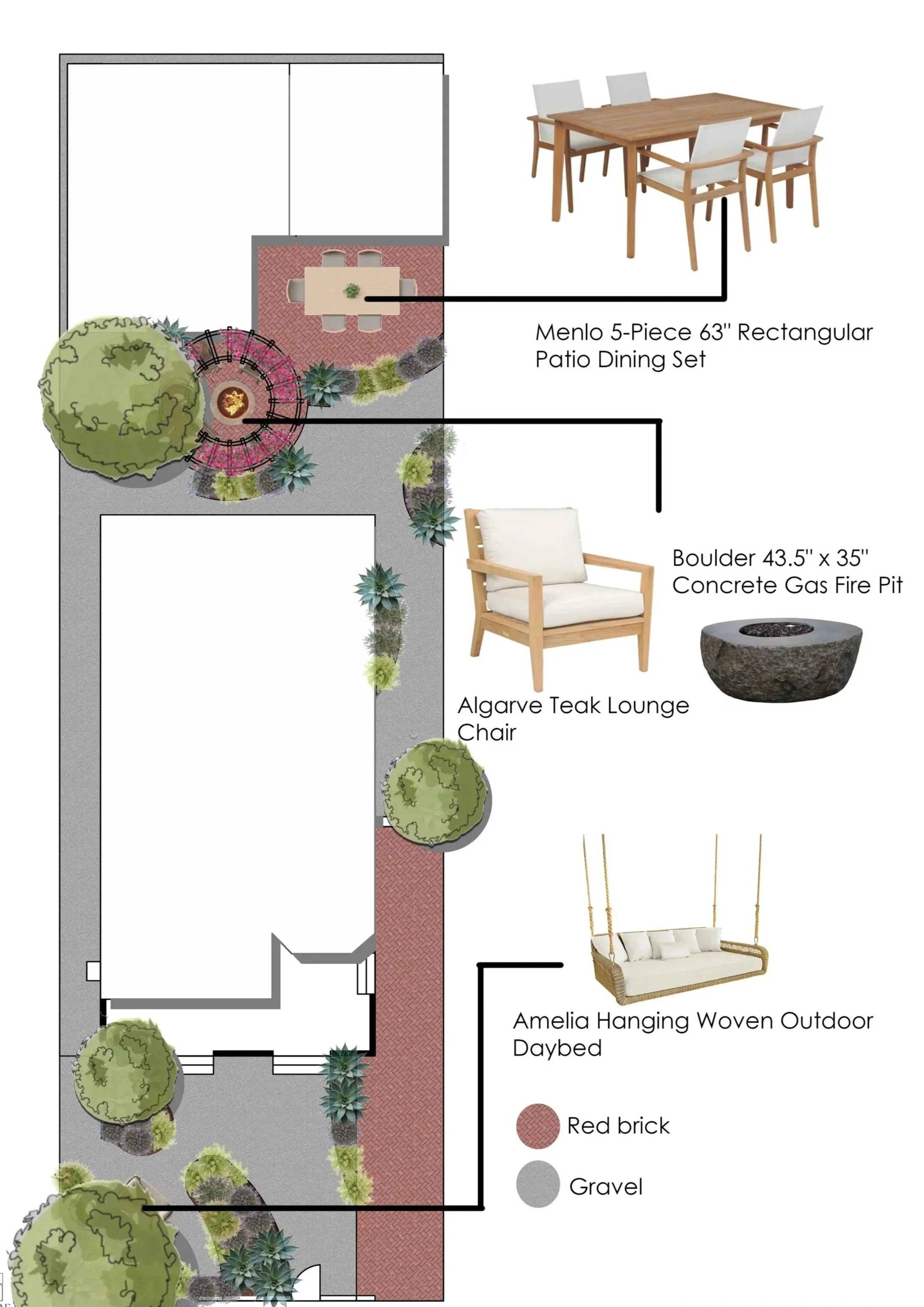 Landscape design plan featuring a patio with red brick and gravel pathways, surrounded by trees and desert plants. Includes outdoor furniture such as a dining set, lounge chair, a hanging daybed, and a gas fire pit.