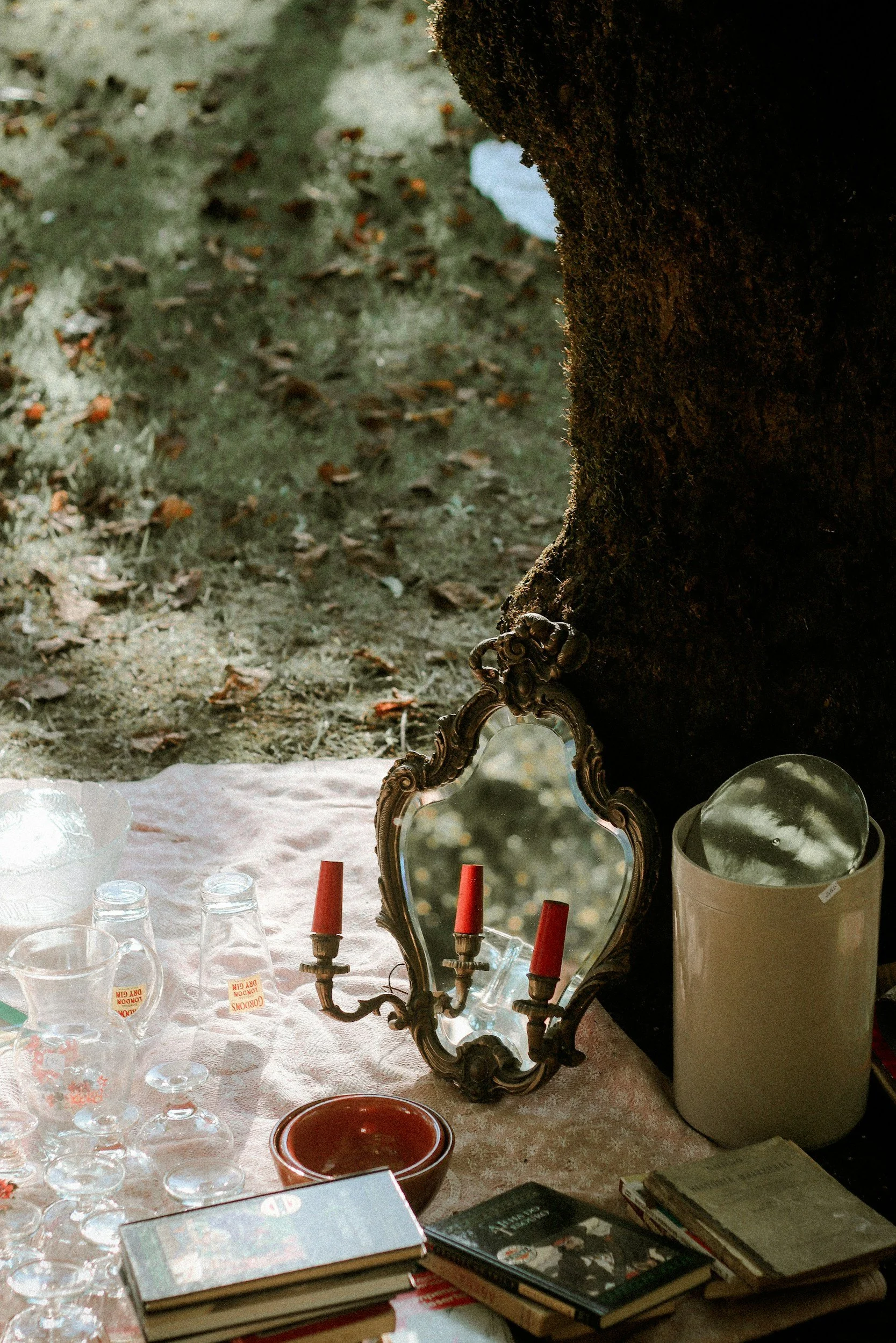 A table set with glassware, books, a vintage mirror, candles, and other decorative items, and a dark, textured tree trunk in the background.