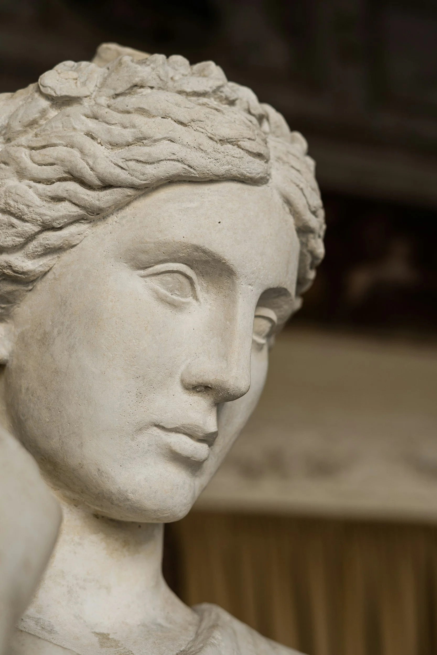 Close-up of a classical white marble statue with carved wavy hair and a serene expression.