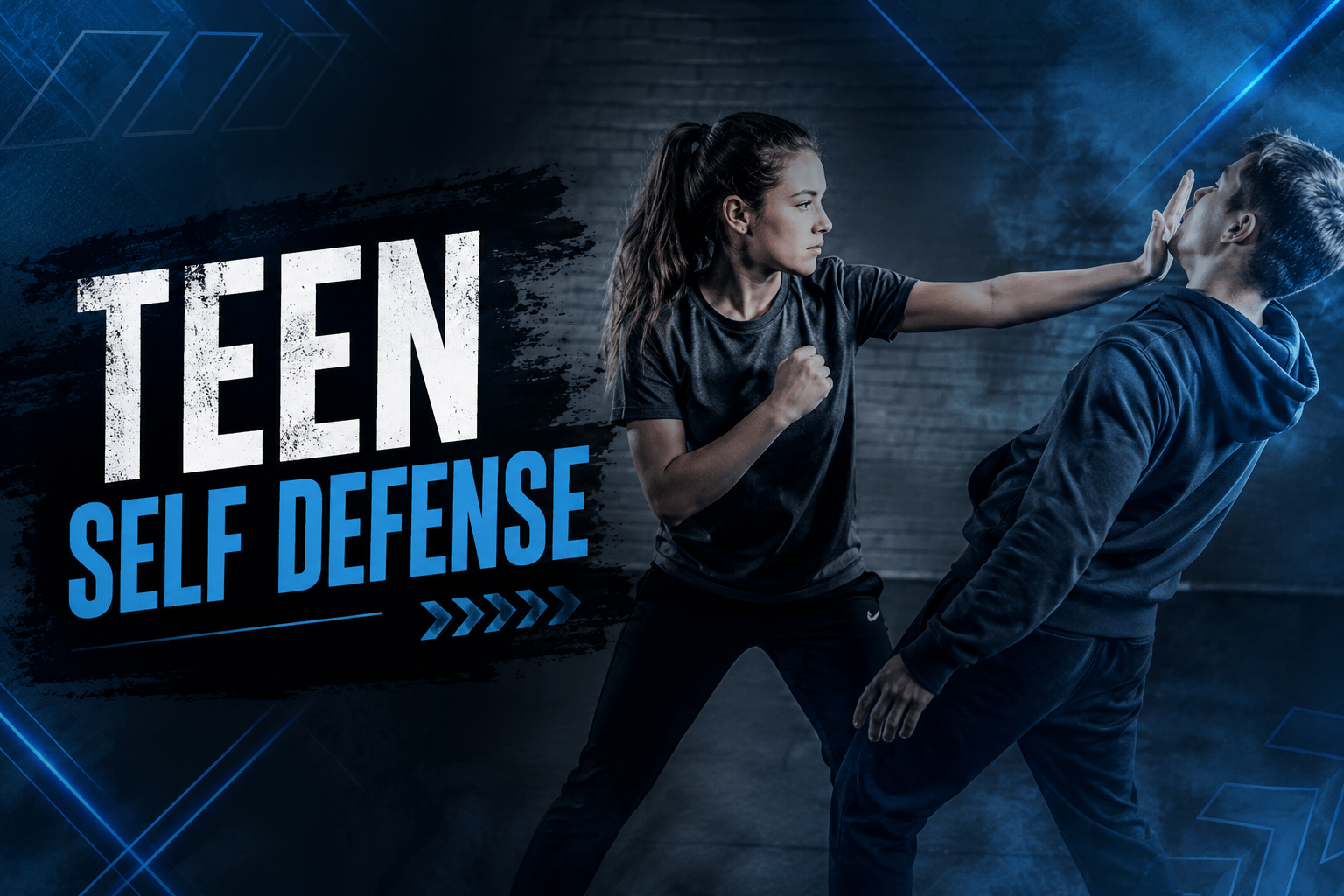 A young woman practicing self-defense moves against a young man in a gym or training space, with the words 'Teen Self Defense' prominently displayed on the left side of the image.