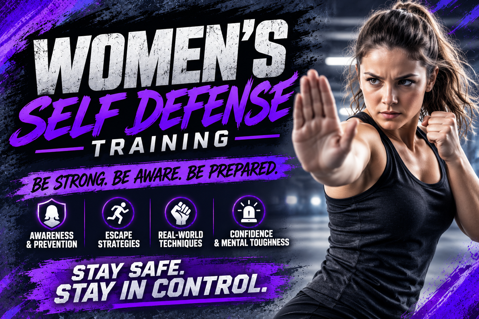 Poster for women's self-defense training featuring a woman in an athletic outfit practicing a self-defense move with her hand extended outward. The poster includes text promoting awareness, strategies, techniques, confidence, and mental toughness for safety.