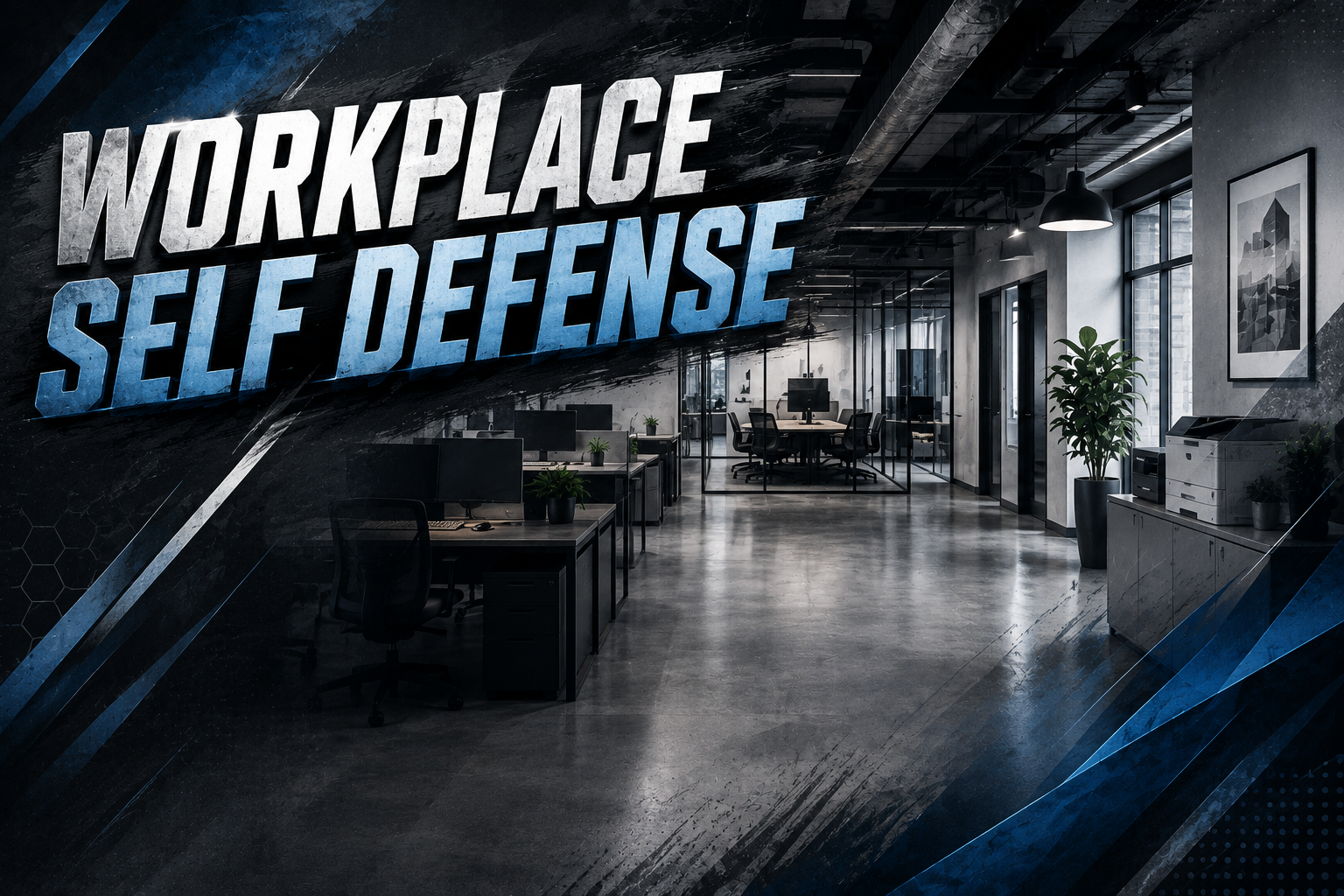 Modern office space with desks, chairs, and large windows, with text overlay that reads 'Workplace Self Defense'.