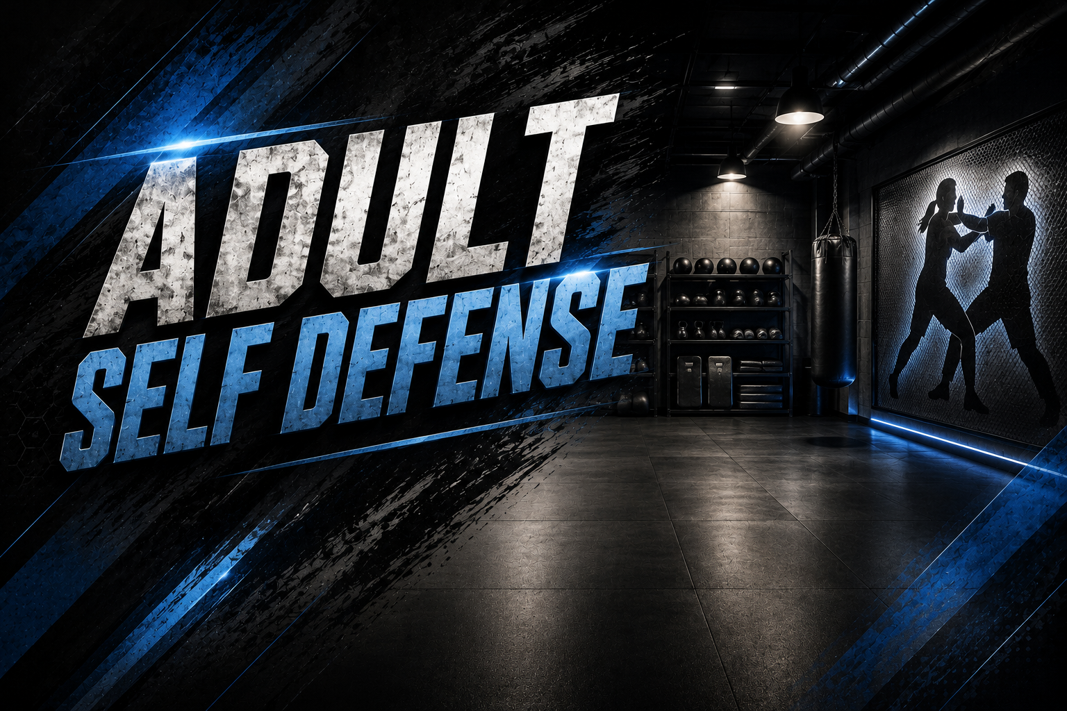 Fitness gym with a large sign that says 'Adult Self Defense', workout equipment, and a silhouette of two people practicing self-defense.