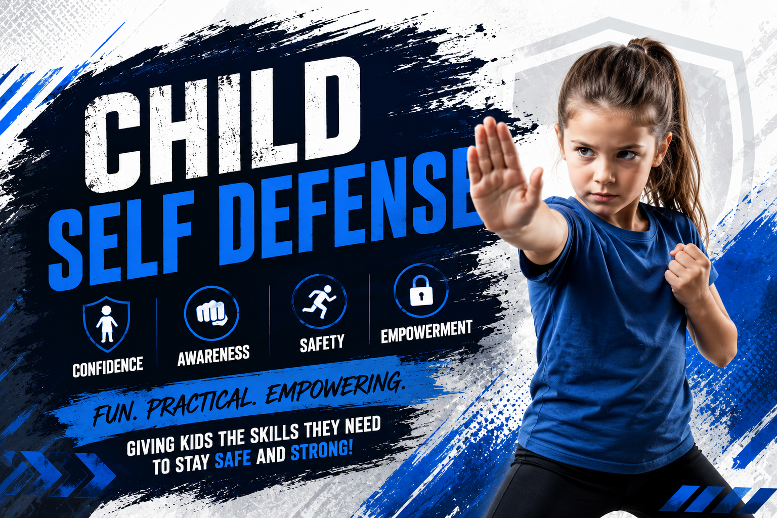 A young girl in a blue t-shirt practicing self-defense with her hand extended in a blocking position, along with a graphic promoting child self-defense skills, emphasizing confidence, awareness, safety, and empowerment.