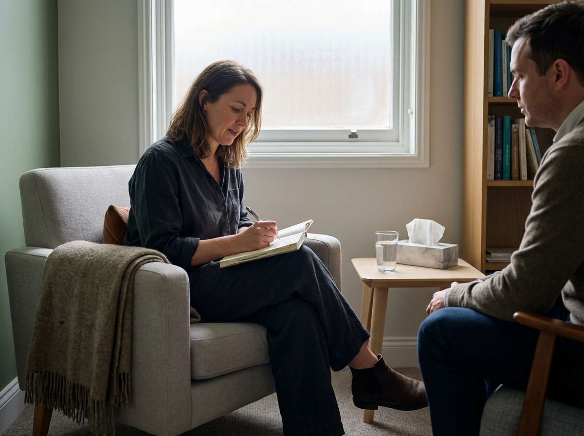 A woman takes notes during a therapy session with a therapist seated across from her in a cozy office.