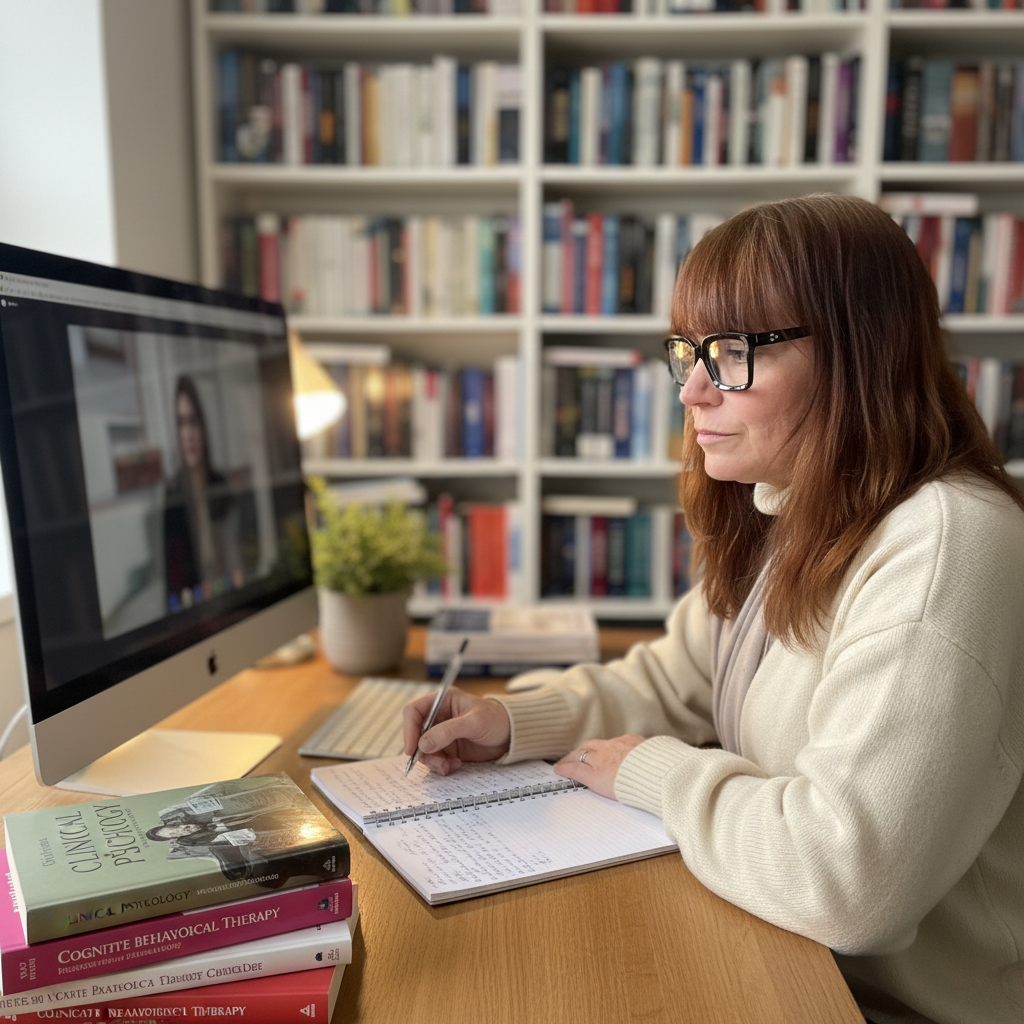 A woman with brown hair and glasses takes notes while sitting at a desk with books, a plant, and an iMac computer, in front of a bookshelf filled with books.