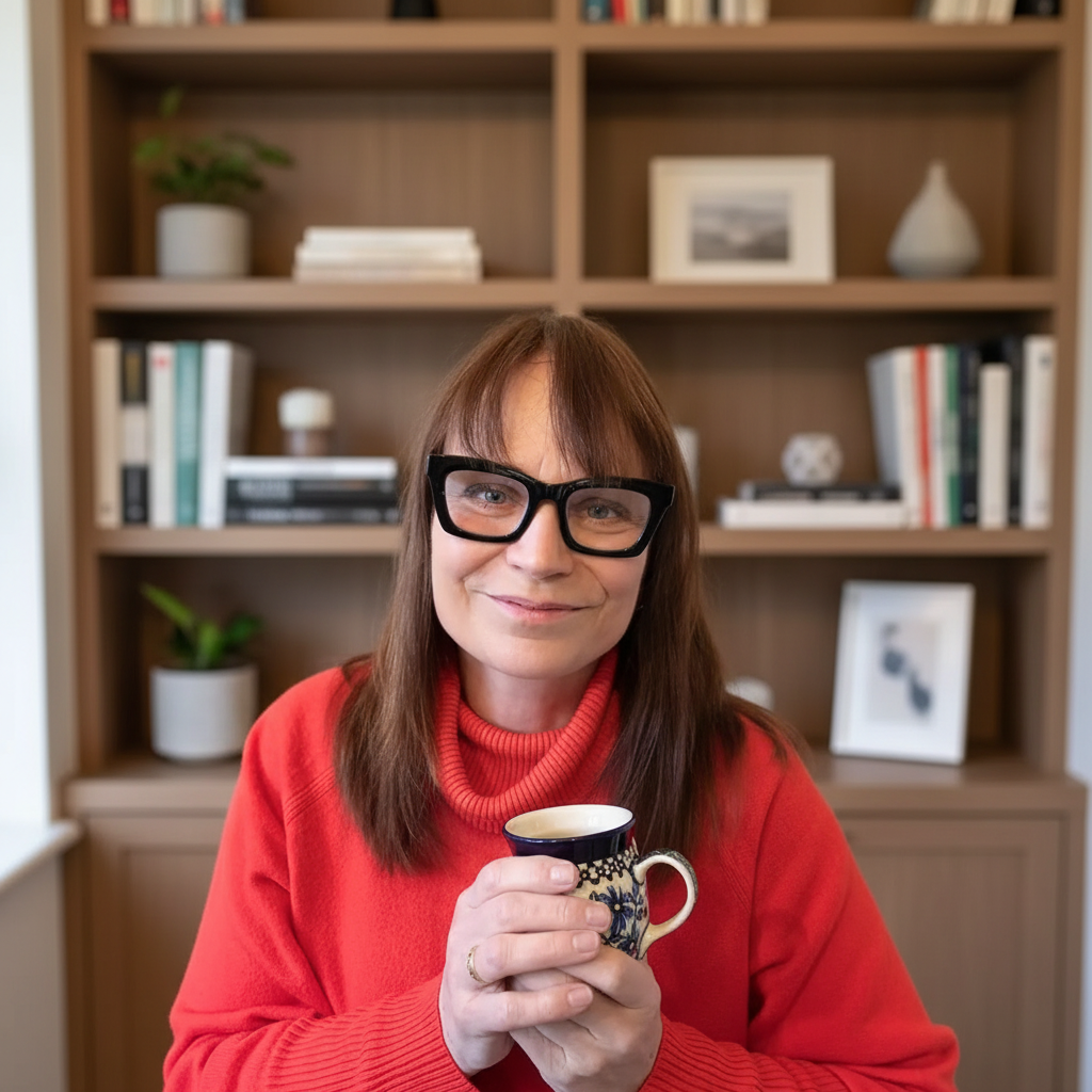 A woman with brown hair, glasses, and a red sweater holds a mug and smiles in front of a bookshelf.
