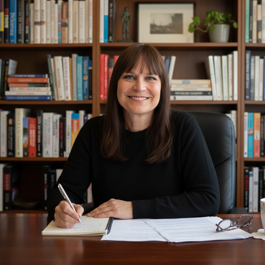 A woman with brown hair and bangs is sitting at a desk, smiling, with a pen in her right hand, in an office with a bookshelf filled with books behind her.