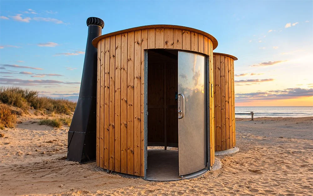 Kazuba waterless toilet with an external ventilation chimney.