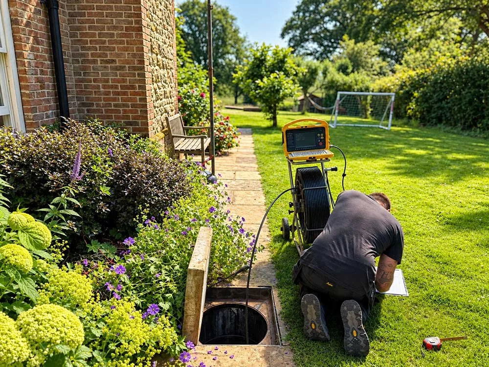 Surveyor recording findings beside an open drainage chamber.
