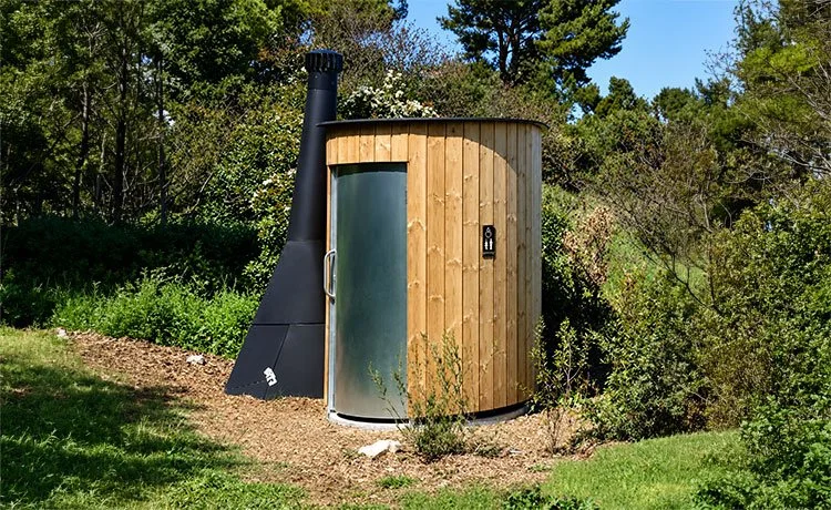 Small round timber toilet cabin with a tall ventilation chimney.