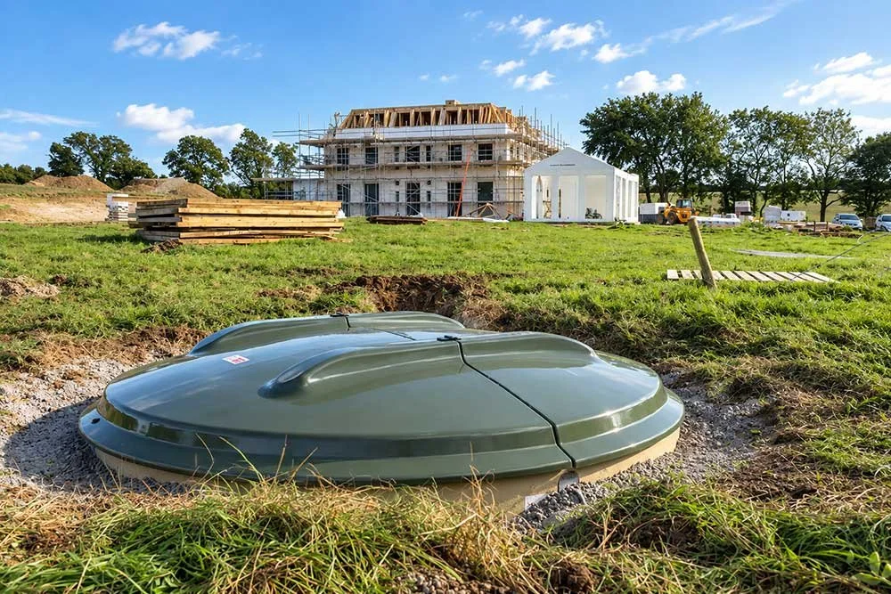 Large drainage system access cover beside a building under construction.