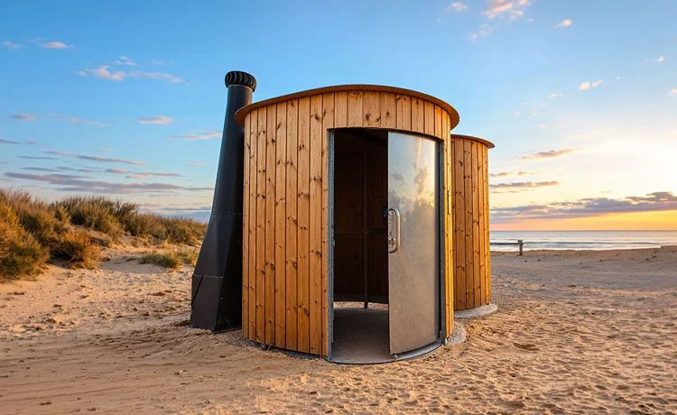 Wide round timber toilet cabin with an open doorway.