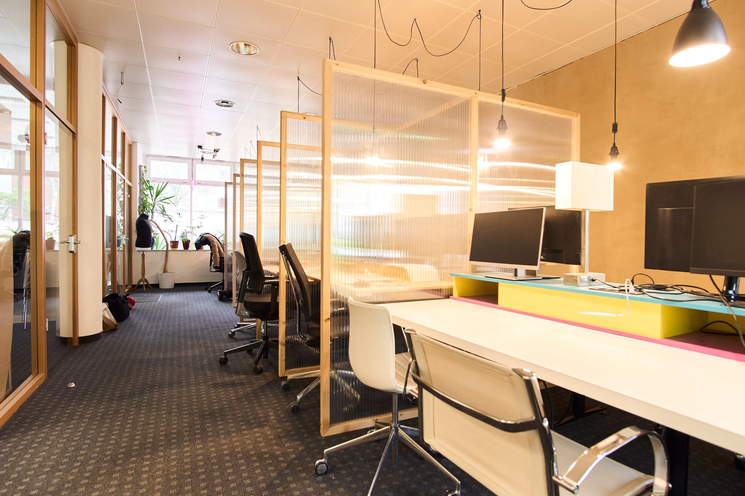Offener Büroraum mit mehreren Computern, schwarzen und weißen Stühlen, Pflanzen, großen Fenstern, Trennwänden aus Holz und Plexiglas, sowie unterschiedlichen Lichtquellen.