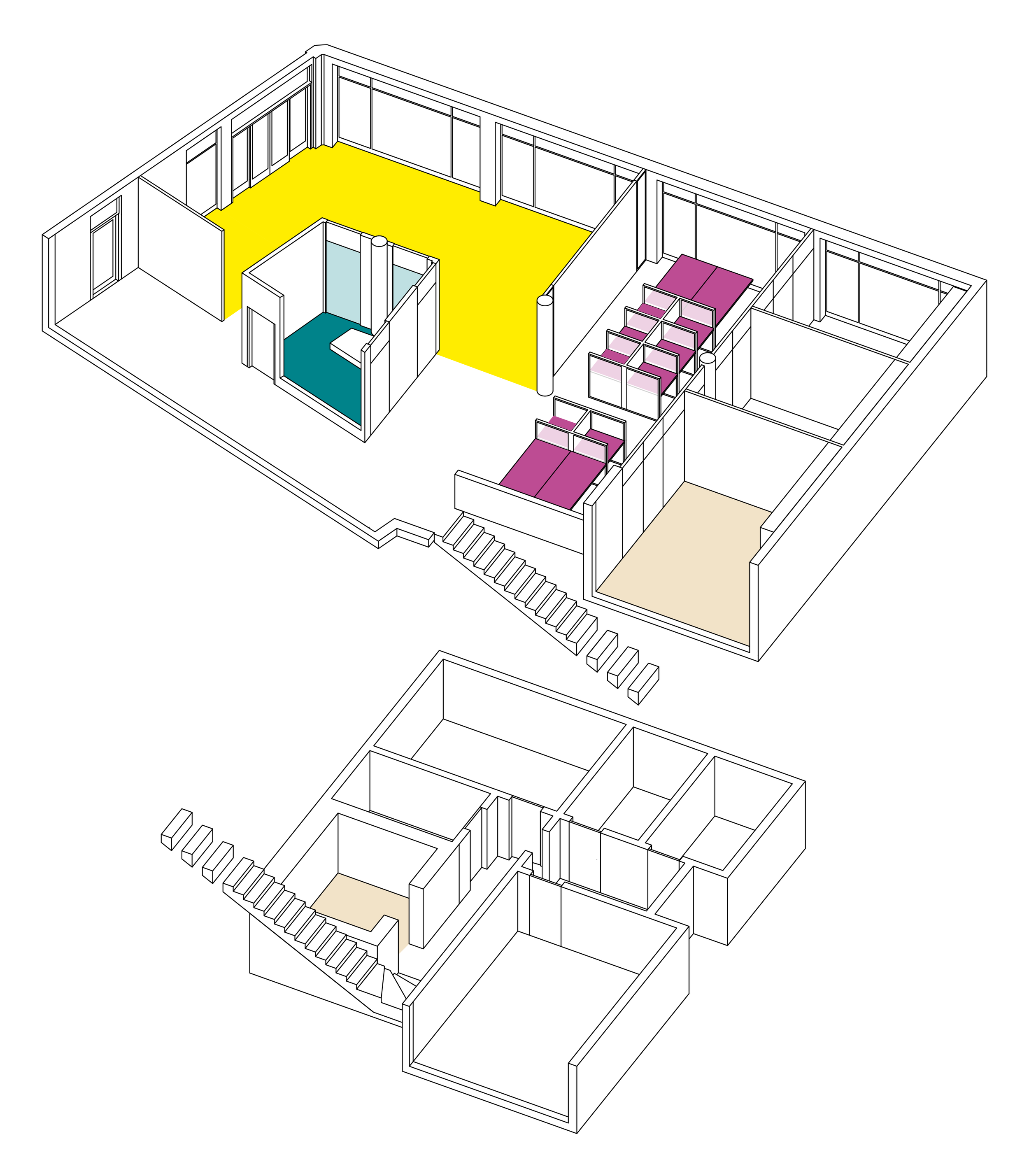 3D-Grundriss eines Hauses mit mehreren Räumen, farbig hervorgehobener Balkon oder Terrasse, Treppen, Türen und Fenstern.