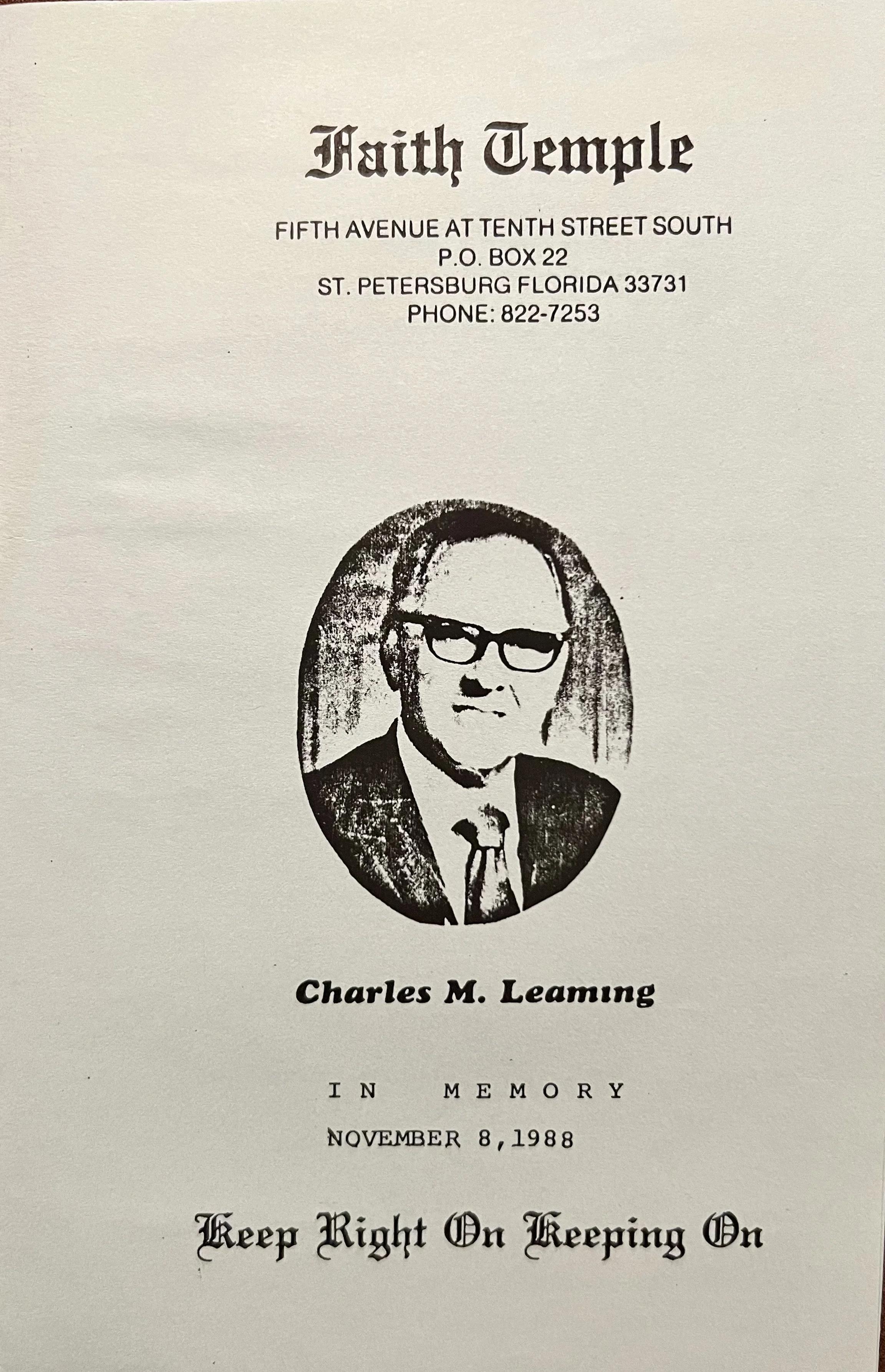 Memorial service bulletin for Dr. Leaming