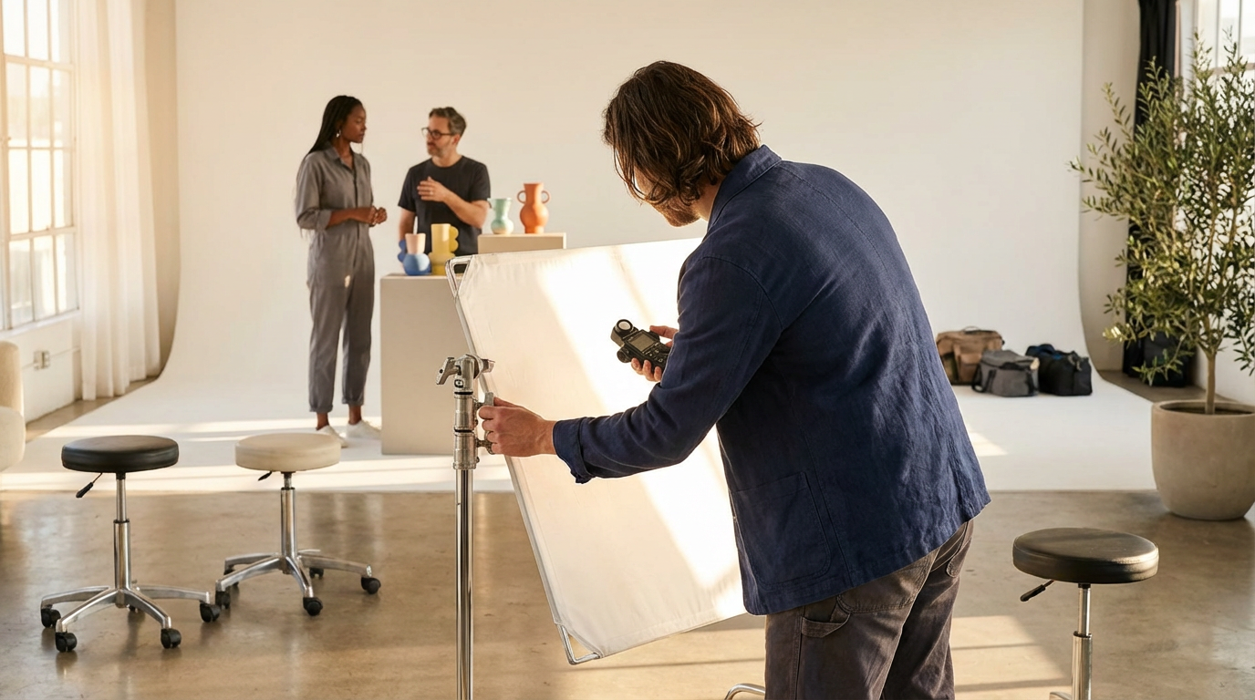A photographer adjusting a lighting setup in a photography studio with two models in the background posing near a backdrop with colorful vases, while bags and equipment are on the floor.