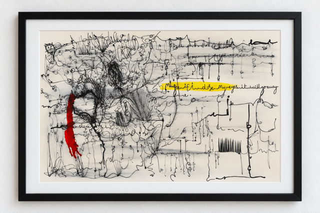 'MAYBE IF I CLOSE MY EYES' Pen, Ink and Pencil on paper, Framed and ready to hang