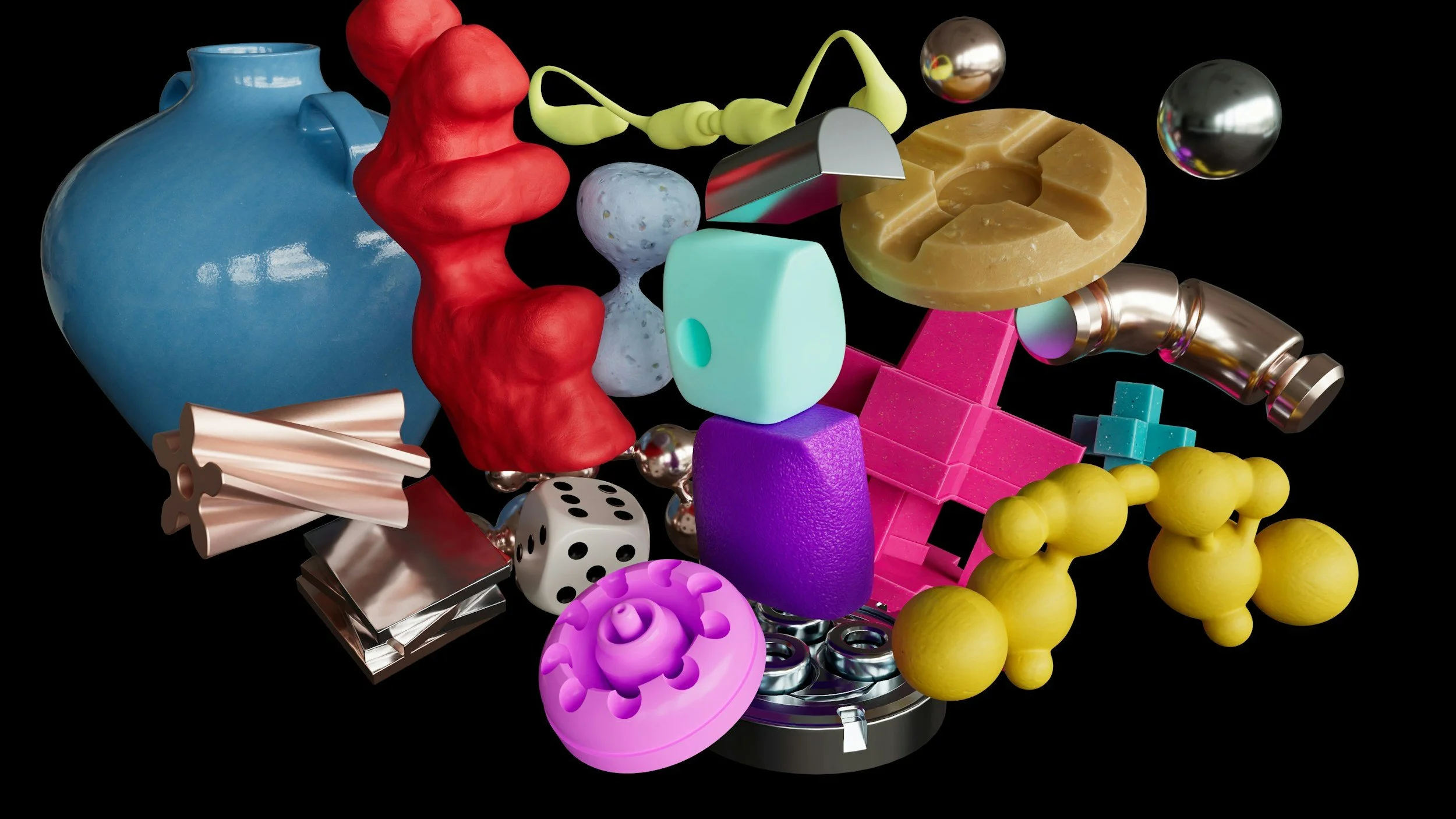Assorted colorful abstract objects and shapes on a black background, including a blue vase, red organic shape, yellow and purple geometric structures, metallic spheres, dice, and various textured forms.