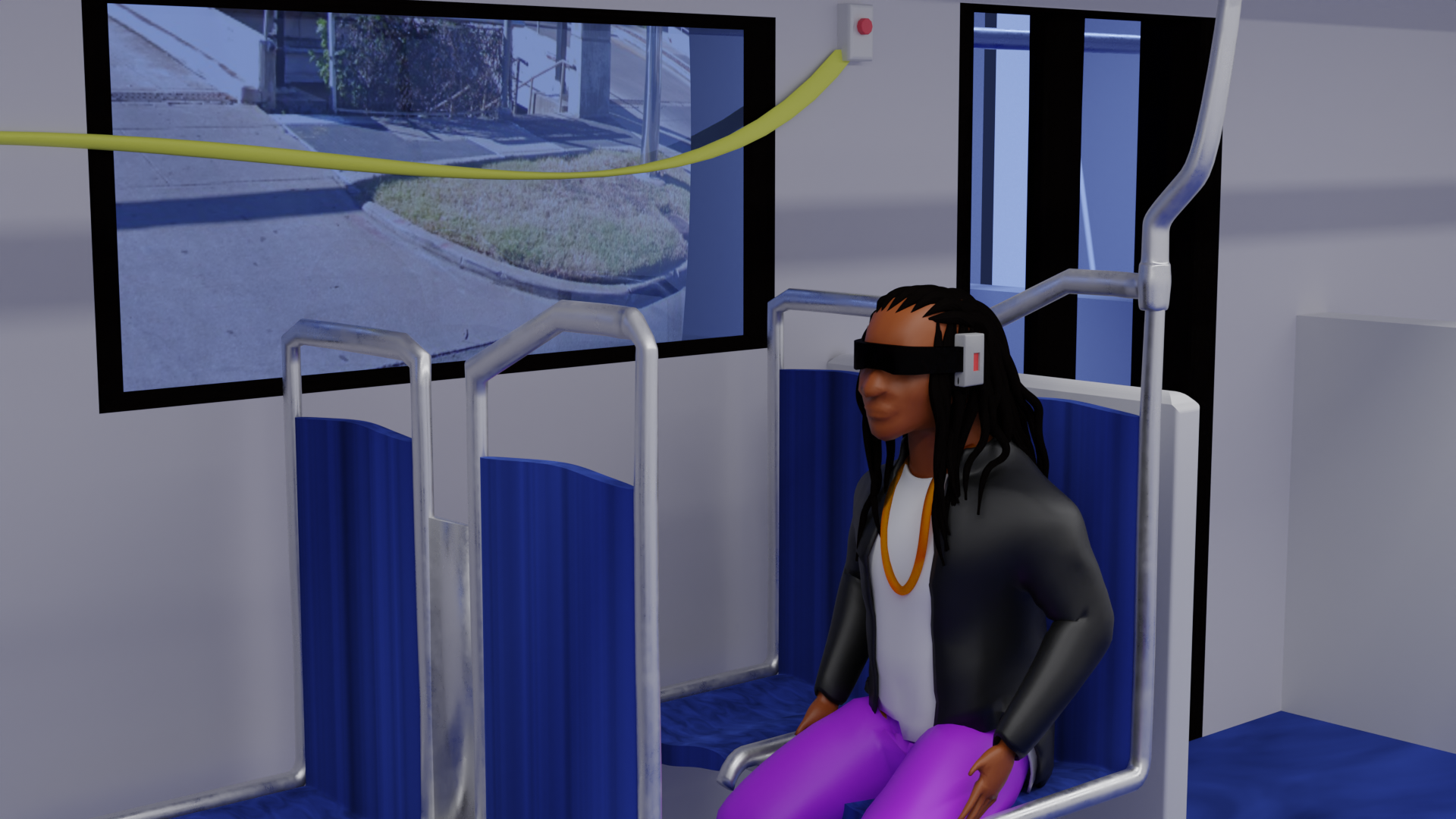 Animated person with dark skin, long braided hair, wearing virtual reality goggles, sitting in a blue chair inside a medical or research facility, with a window showing a sidewalk outside.