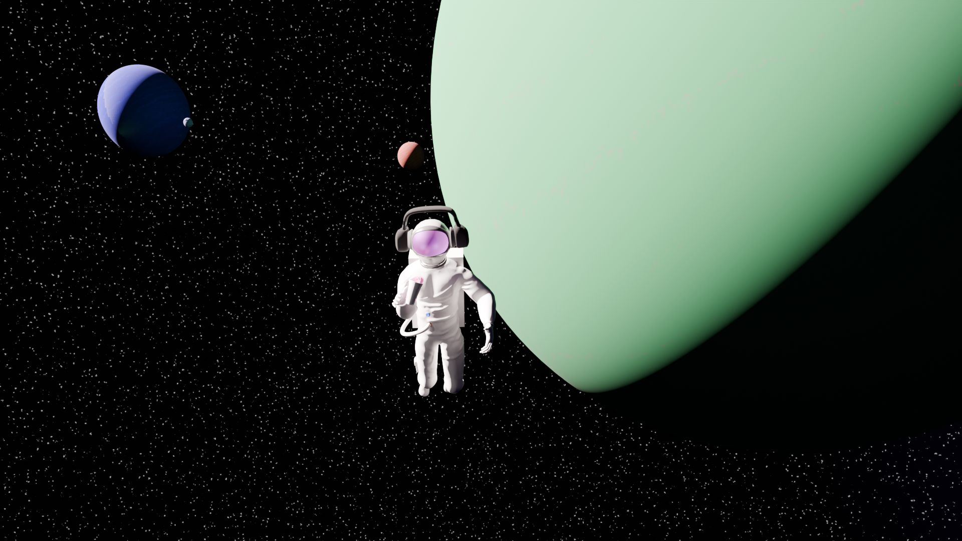 A person in a white spacesuit with a purple visor floating in space near a large green planet, with smaller planets and stars in the background.
