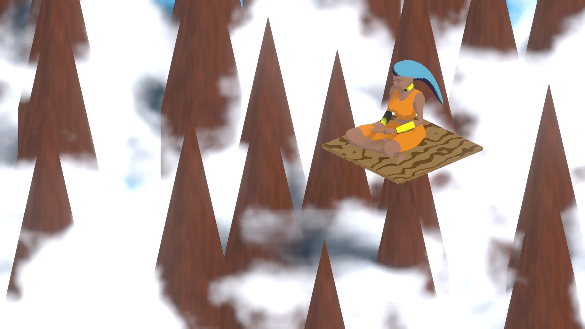 Animated character with blue hair and yellow jewelry, sitting cross-legged on a wooden platform in a forest of tall, brown, conical trees.