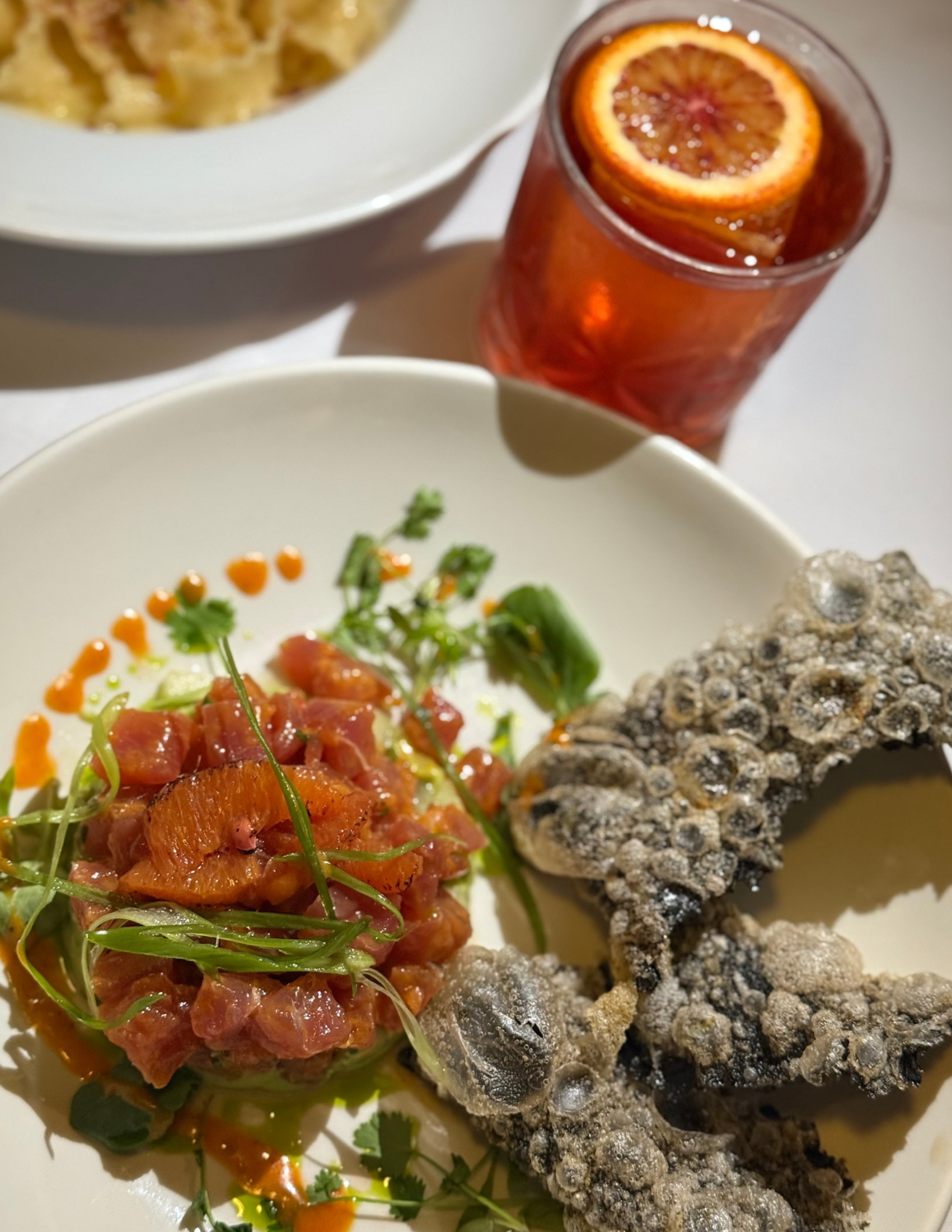 A plate of raw tuna tartare topped with greens, a crispy fried octopus tentacle, and a small dish of dipping sauce. In the background, a glass of iced tea with a slice of blood orange and a white bowl of pasta.
