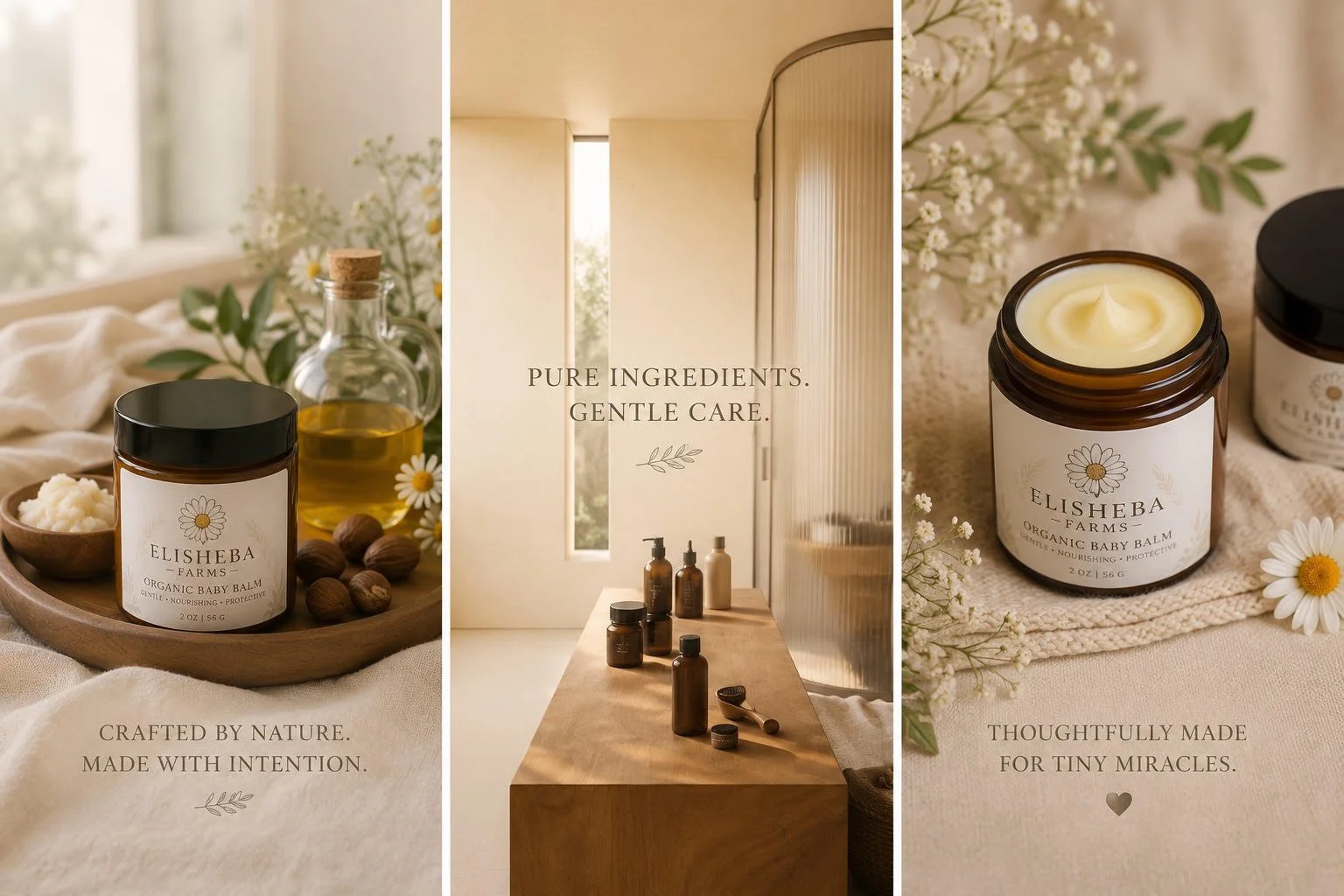 A collage of three images promoting Elisheba Farms baby balm. The first image shows a jar of baby balm surrounded by a wooden tray with nuts, a bottle of oil, and flowers. The second image displays a minimalistic interior with a wooden table holding various bottles and jars of skincare products, and a narrow window letting in natural light. The third image is a close-up of the baby balm jar placed on a soft cloth surrounded by small white flowers. Text overlays read: 'Pure ingredients. Gentle care.', 'Crafted by nature. Made with intention.', and 'Thoughtfully made for tiny miracles.'