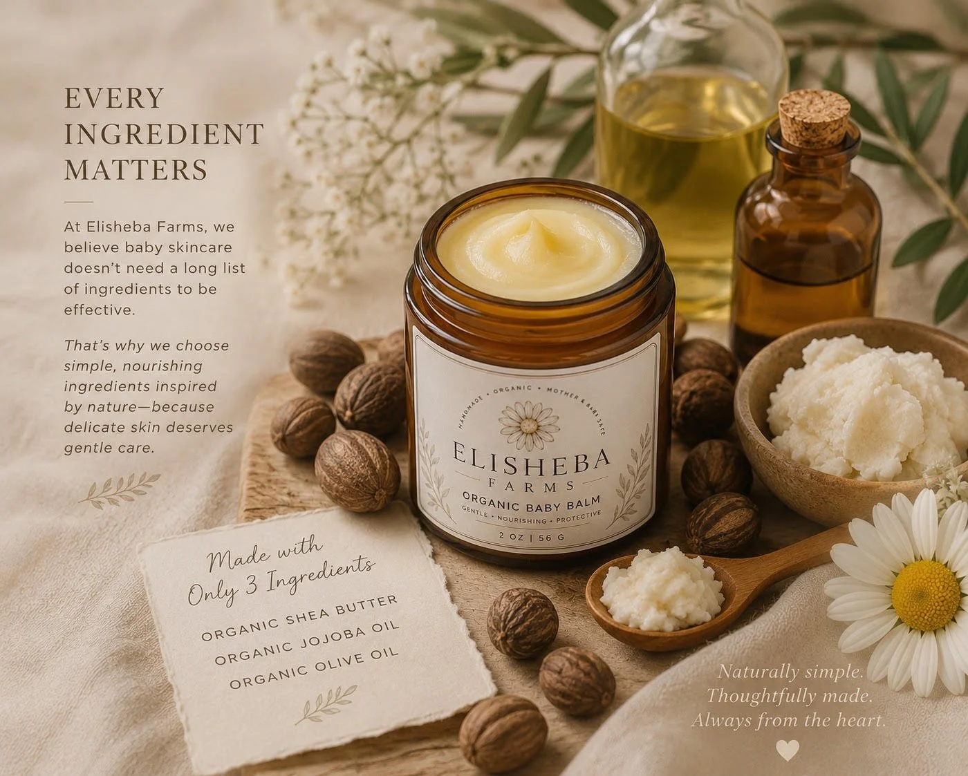 A jar of Elisheba Farms organic baby balm with a creamy texture, surrounded by walnuts, a bowl of whipped balm, a wooden spoon with balm, a daisy flower, and bottles of oil. The image promotes natural, simple ingredients for skincare.