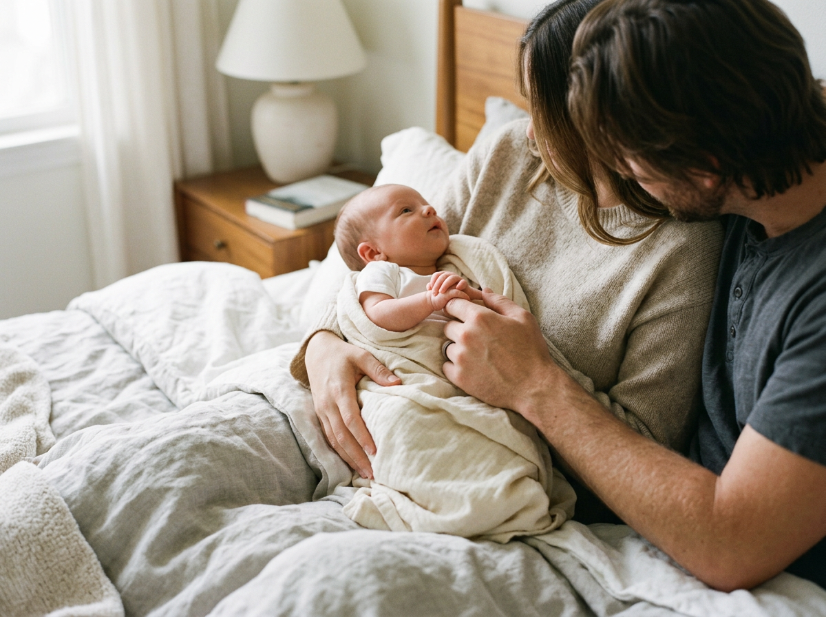Una famiglia seduta sul letto con un neonato tra di loro, che guarda gli adulti, in una stanza luminosa e accogliente.