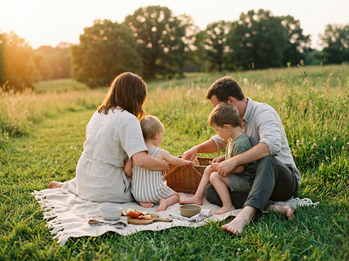 Una famiglia seduta sull'erba in un campo durante il tramonto, che fa un picnic. La famiglia è composta da due adulti e due bambini, con un cestino sul tappeto.