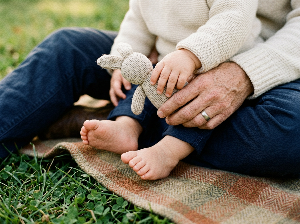 Un adulto e un bambino seduti sull'erba, con il bambino che tiene un giocattolo di pezza a forma di coniglio.